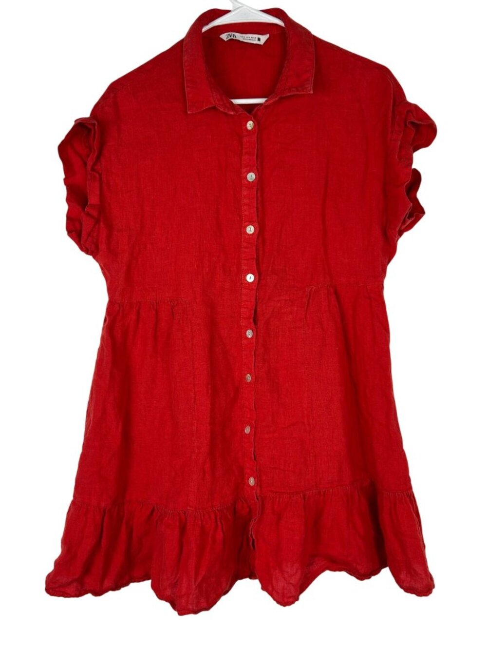 Zara Dress Women's Small Red Tiered Button-Down With Ruffle Sleeves 100% Linen